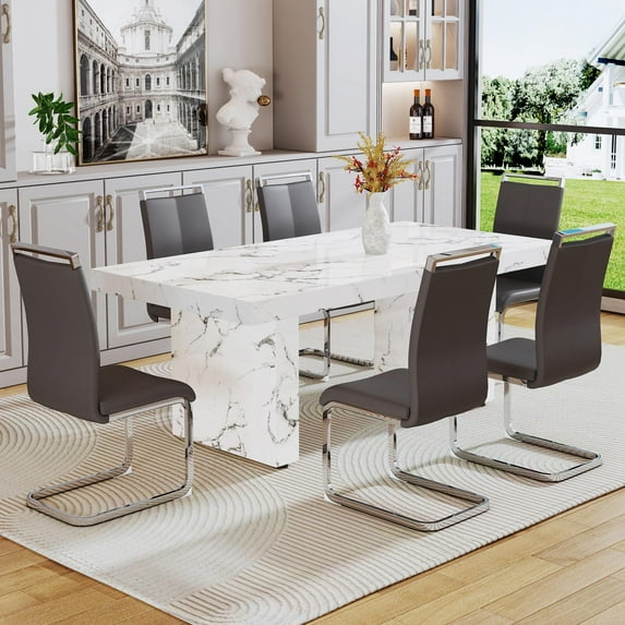 79" Modern Marble Dining Room Table Sets for 6,7 Piece Kitchen Dining Table and Chairs Set- Gather in Style and Comfort