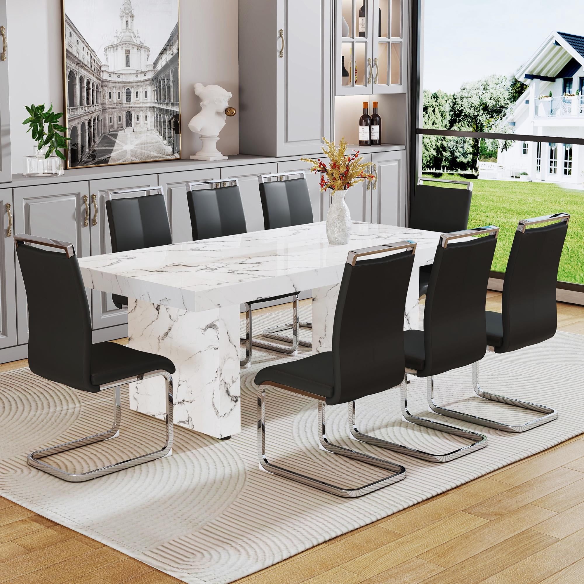 79" Modern Marble Dining Room Table Sets for 8,9 Piece Kitchen Dining ...