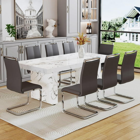 79" Modern Marble Dining Room Table Sets for 8,9 Piece Kitchen Dining Table and Chairs Set- Gather in Style and Comfort