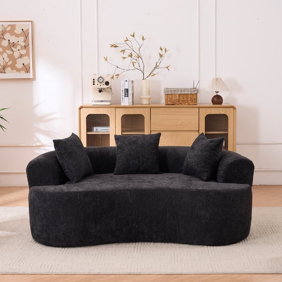 79" Modern Minimalist Curved Sofa Couch with Deep Seat, 3-Seater Chenille Cloud Couch with Soft Comfortable Upholstered, Low-Back Self-Inflating Modular Sofa Couches for Living Room, Apartment, Black