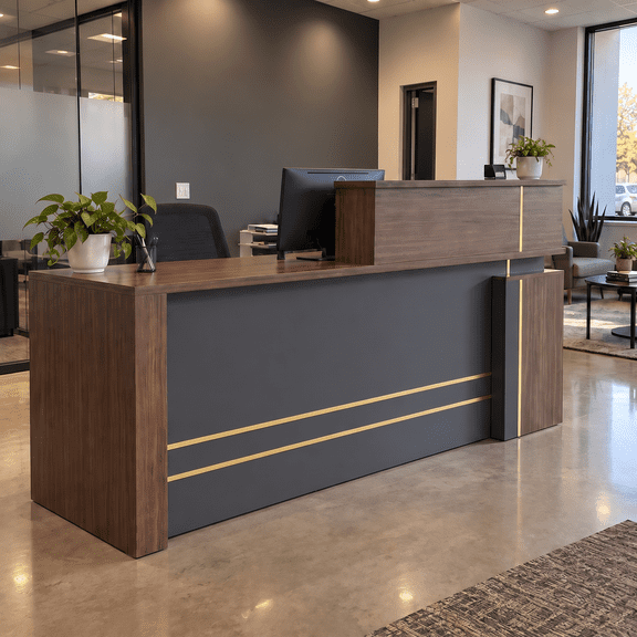 79" Modern Reception Desk with Counter, Built-In Power Outlets, USB & Type-C Ports, Lockable Storage, Keyboard Tray & Cable Management, Walnut & Gray