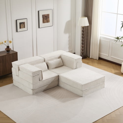 79" Modular Sectional Sofa, Convertible Sofa Bed, Floor Sofa With Circle Fleece Fabric Boneless Design And No Assembly For Living Room Apartment And Office, White