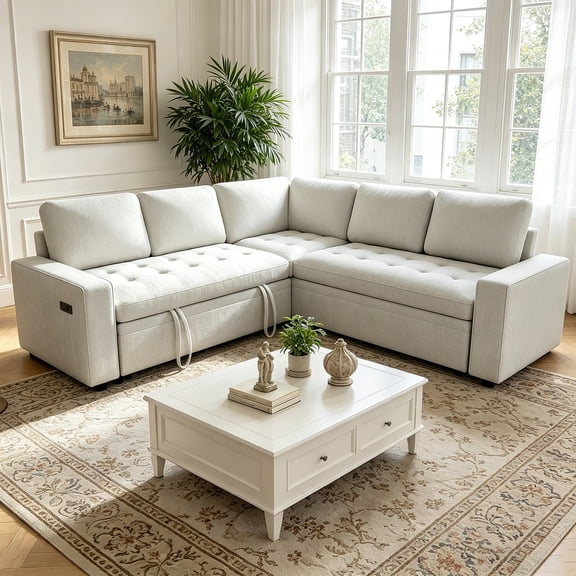 79" Modular Sectional Sofa with Pull Out Bed, Chenille L-Shaped 5-Seat Couch with USB Ports, Adjustable Backrest, Storage Seats, Tool-Free Assembly – Beige