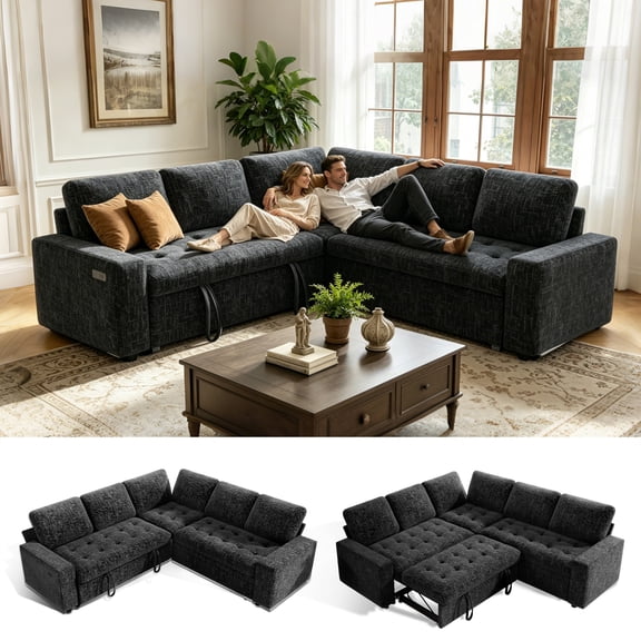 79" Modular Sectional Sofa with Pull Out Bed, Chenille L-Shaped 5-Seat Couch with USB Ports, Adjustable Backrest, Storage Seats, Tool-Free Assembly – Black