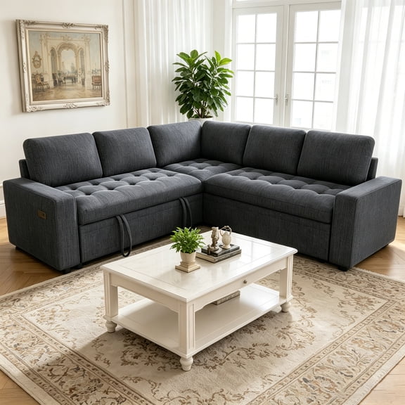 79" Modular Sectional Sofa with Pull Out Bed, Chenille L-Shaped 5-Seat Couch with USB Ports, Adjustable Backrest, Storage Seats, Tool-Free Assembly – Dark Gray