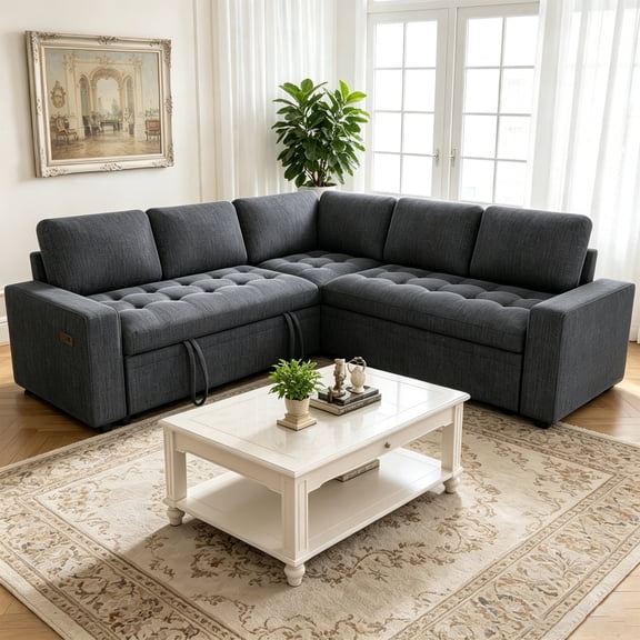 79" Modular Sectional Sofa with Pull Out Bed, Chenille L-Shaped 5-Seat Couch with USB Ports, Adjustable Backrest, Storage Seats, Tool-Free Assembly – Dark Gray