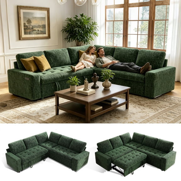 79" Modular Sectional Sofa with Pull Out Bed, Chenille L-Shaped 5-Seat Couch with USB Ports, Adjustable Backrest, Storage Seats, Tool-Free Assembly – Green