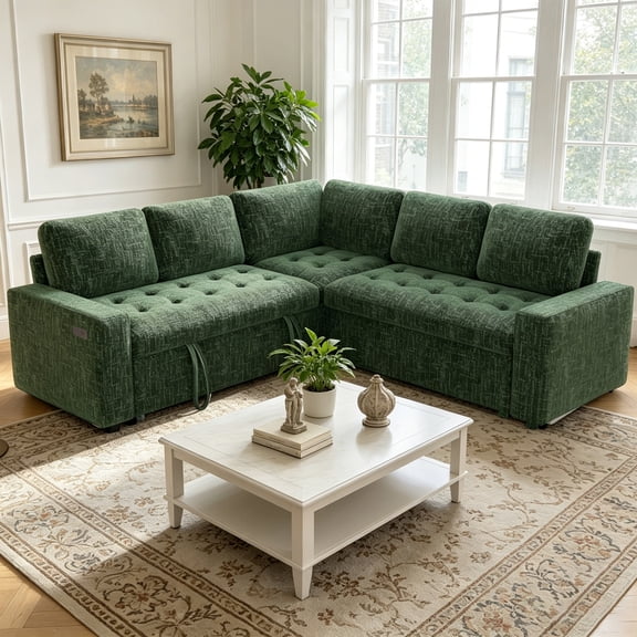 79" Modular Sectional Sofa with Pull Out Bed, Chenille L-Shaped 5-Seat Couch with USB Ports, Adjustable Backrest, Storage Seats, Tool-Free Assembly – Green