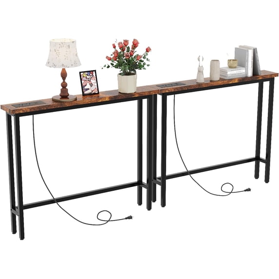 79" Narrow Console Table with Power Outlet 2 Pack, Rustic Brown | Entryway Table with Charging Station & 4.9 Ft Extension Cord & Adjustable Feet, behind Couch Table for Living Room, Hallway