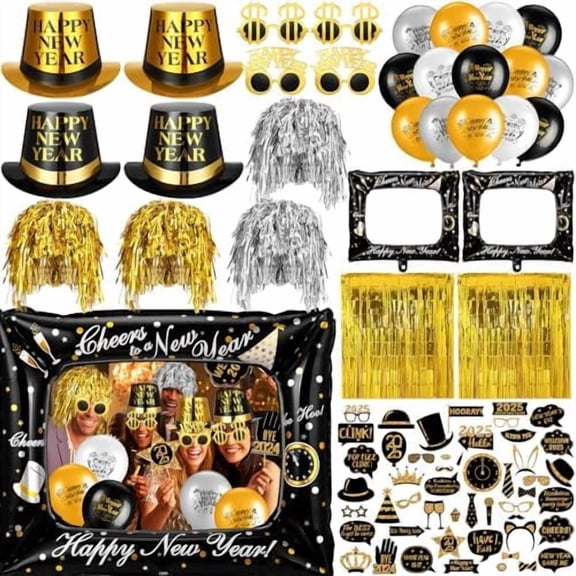 79 Pcs 2026 Happy New Year Party Supplies Photo Booth Props Happy New Year Eve Hats Wig Clown Headband Photo Booth Prop Balloon Glasses Frame for Party Decoration$$Home Decor, Kitchen, & Other