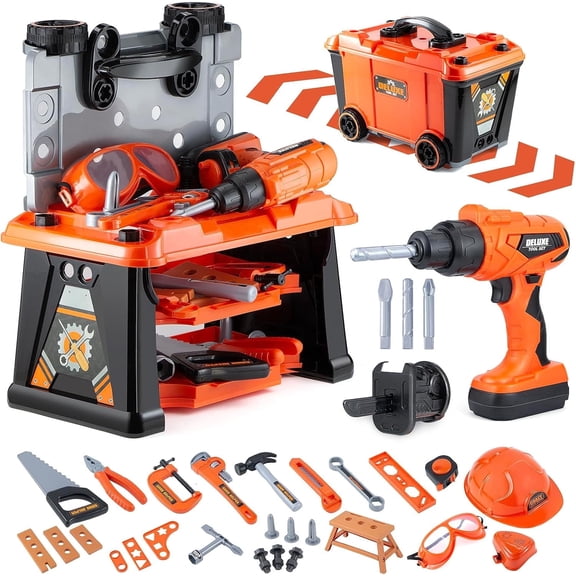 79 Pcs Kids Toy Tool Bench Transformable Construction Workbench Orange