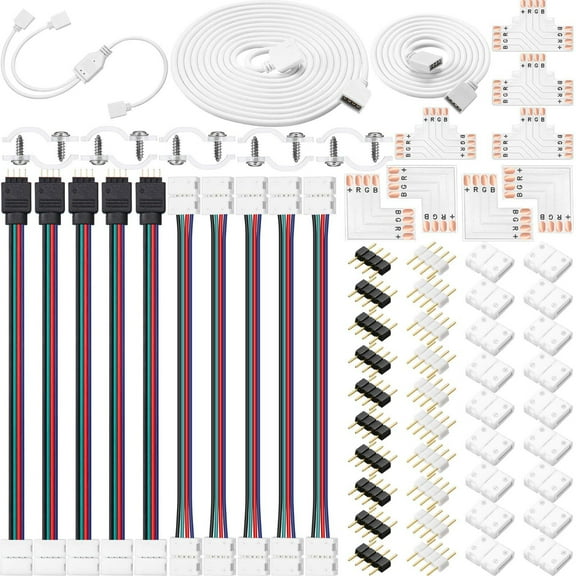79 Pieces 4 Pin LED Light Strip Connectors Set - RGB Extension Cable, LED Strip Jumper, 2 Way RGB Splitter Cable, L, T, Gapless, 4 Pin Male Connectors with Clips