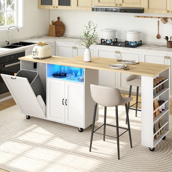 79'' Rolling Kitchen Island with 360° Swivel Tabletop and Storage, Mobile Kitchen Cart with Hidden Trash Cabinet, Power Outlet, RGB LED Lights, Large Countertop, Multi-Functional Dining Table