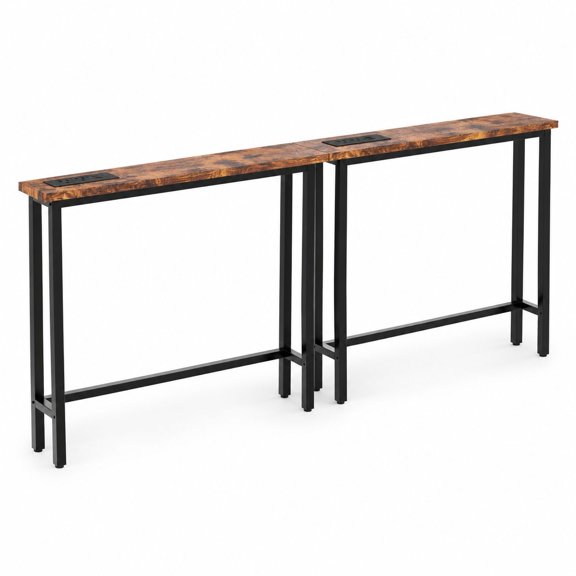 79" Slim Console Table 2 Pack with Electrical Outlet and Charging Hub, Rustic Brown Entryway Table with 4.9ft Extension Cable and Leveling Feet for Living Room Hallway or Behind Sofa