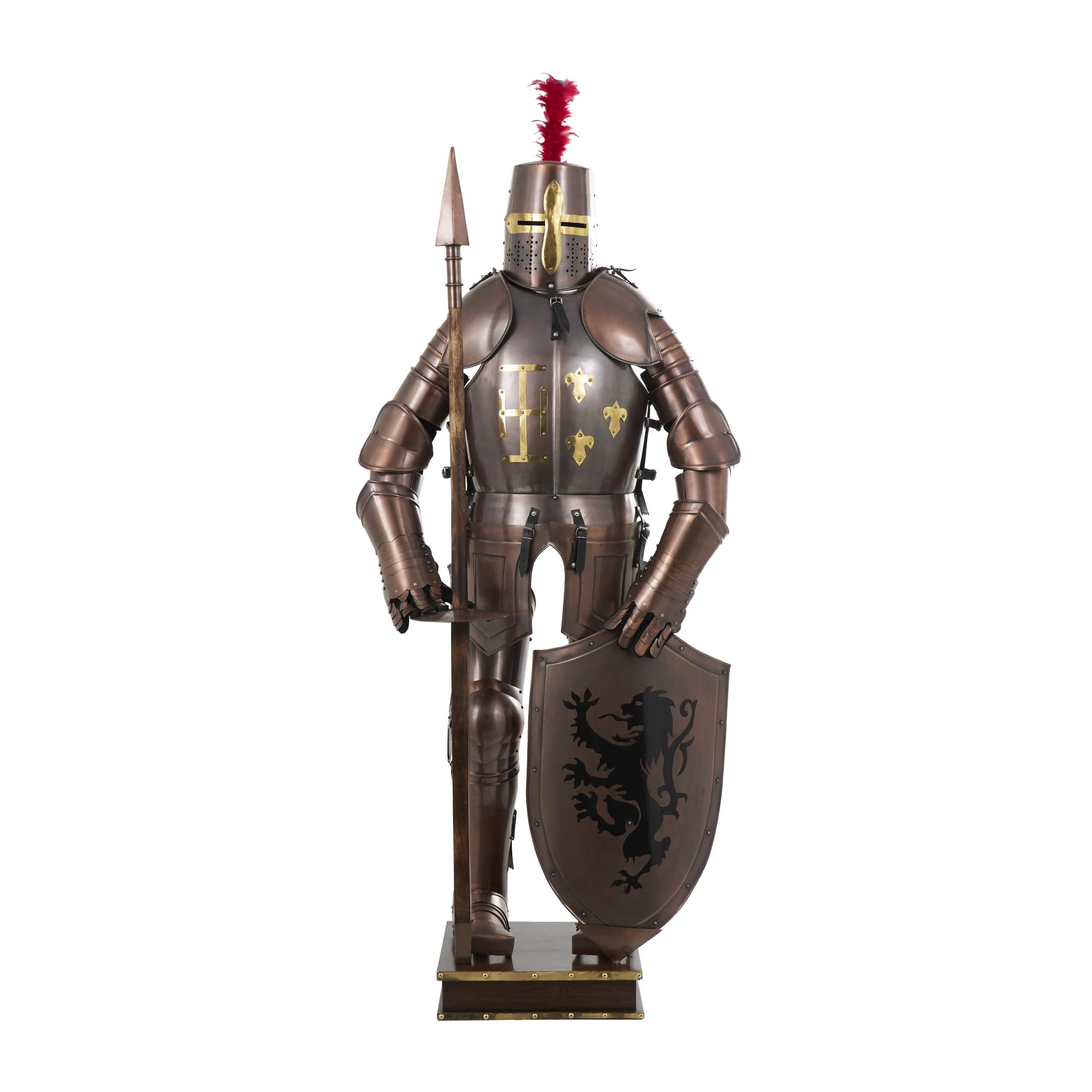 People 79" Stainless Steel Metal Replica Medieval Full Body Suit Armour with Red Plume and Shield, by DecMode