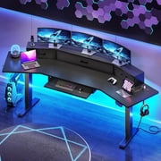 79" Standing Gaming Desk with Drawers and Led Lights, Height Adjustable Computer Desk with Power Outlet, Keyboard Tray for Home Office, Electric Stand up Gaming Table for Bedroom, Black