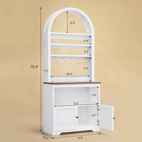 79" Tall Arched Bakers Rack with Power Outlets, Coffee Bar Cabinet with Storage, Kitchen Microwave Stand with Pegboard & 10 Hooks, Adjustable Shelves for Dining Room, Living Room, White