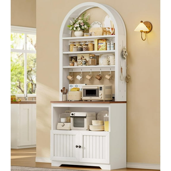 79" Tall Arched Bakers Rack with Power Outlets, Coffee Bar Table with Adjustable Shelves, Microwave Stand with Pegboard & 10 Hooks for Dining Room, Living Room, White