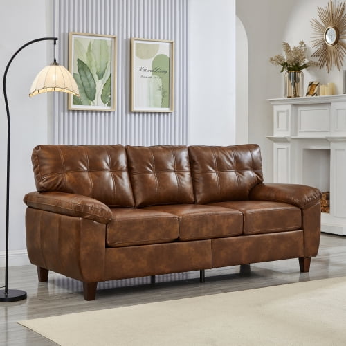 79" Three Seater PU Leather Sofa with Storage, Modern Design Couch with Large Rolled Armrests and Tufted Back, Living Room Sofa with Under-Seat Storage, Brown