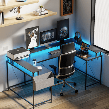 79" U-Shaped Convertible Gaming Desk, Computer Desk with Power Outlets & LED Lights, Home Office Desk with Storage Bag , Corner Excusive Desk with Monitor Stand and Hook, Two Person Desk