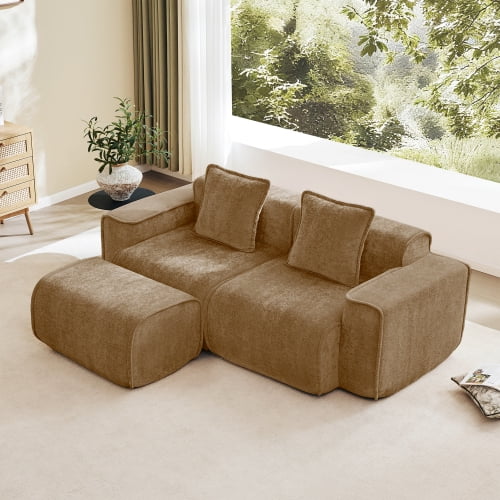 79" Velvet Mid-Century Modern Sofa, Mid-Century Modern Couch with Resilience, Loveseat Sofa Couch with Piping for Living Spaces, Brown