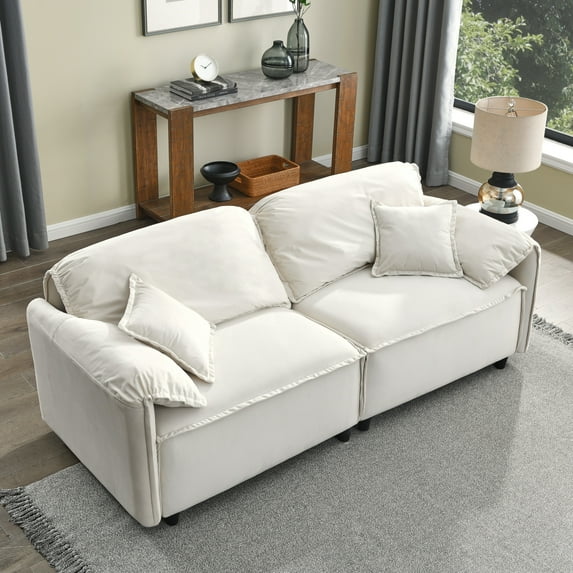 79" Velvet Sofa Couch,Upholstered Recliner Sofa with Pillows,Sofa Chair Furniture for Living Room Home Office,Beige