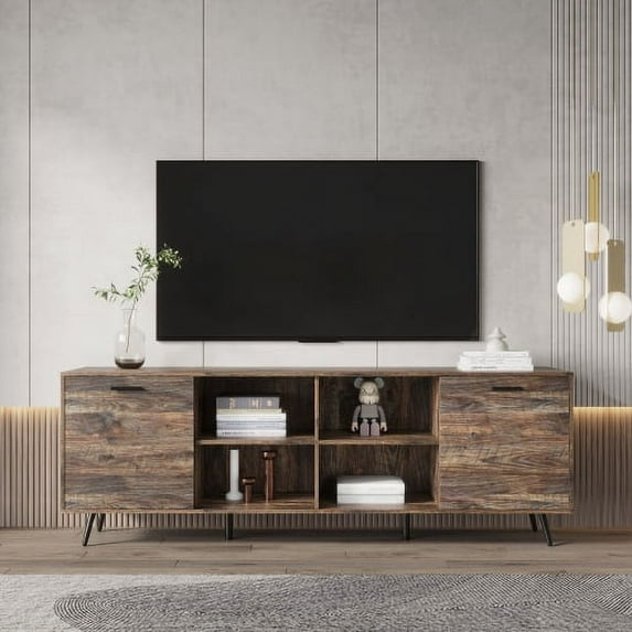 79" Wood TV Cabinet with 4 Open Storage Shelves,2 Doors Storage Cabinet with Adjustable Shelves,Entertainment Center TV Stand Console for Living Room Bedroom
