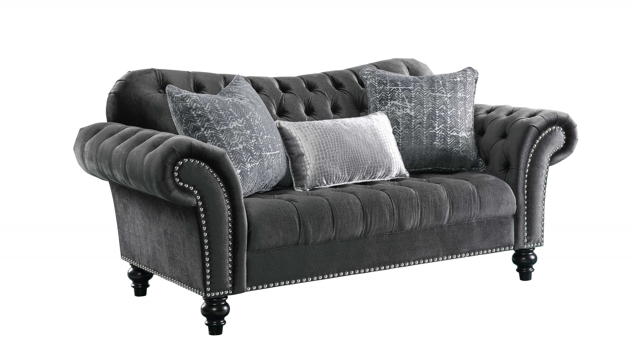 Elegant Gray Leather Tufted Loveseat with Rolled Arms and Nailhead Accents