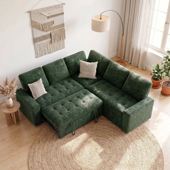 79 in Modular Sectional Sleeper Sofa, Chenille L-Shaped 5-Seat Couch with Pull-Out Bed, Storage Seats, USB Ports, Green