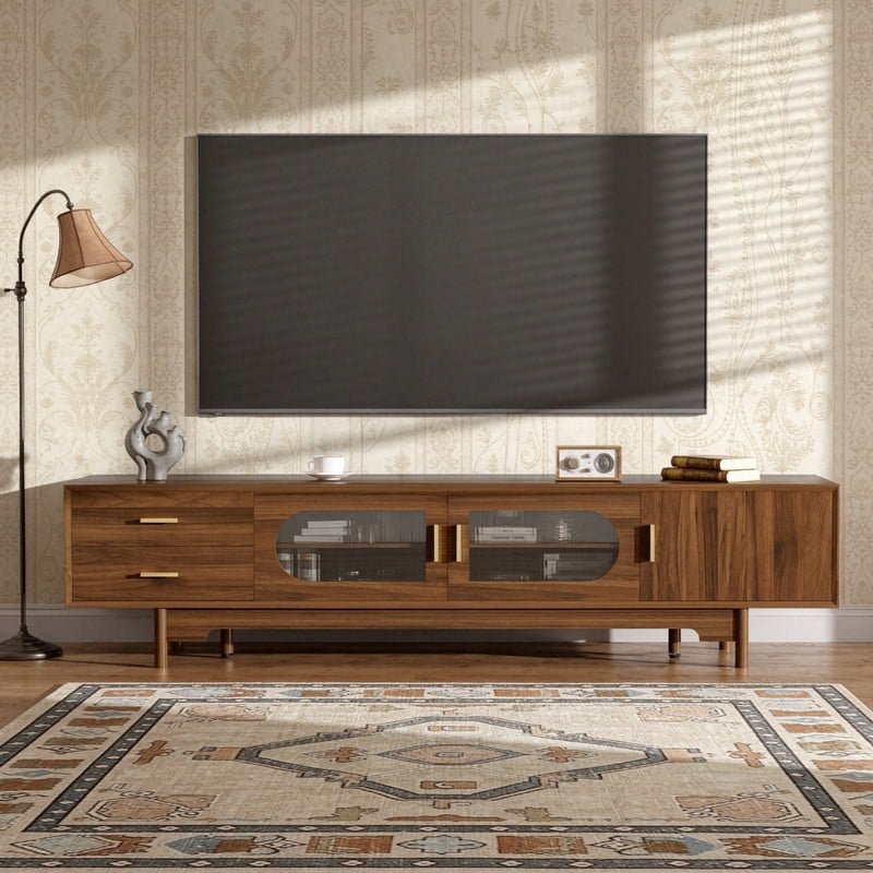 79-in TV Stand for TVs Up to 85", Storage Console Cabinet with Glass Doors & 2 Drawers, Entertainment Center with Cable Holes