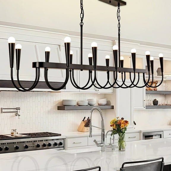 79-inch Black Industrial Chandelier, 14-Light Extra Large Linear Pendant Light for Dining Room, Kitchen Island, Modern Farmhouse Ceiling Fixture