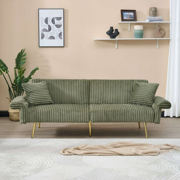 79 inch Convertible Folding Futon Sofa Bed Sleeper Couch for Living Room Corduroy Upholstered Recliner Loveseat Lounge wtith Adjustable Armrests,2 Throw Pillows,Green