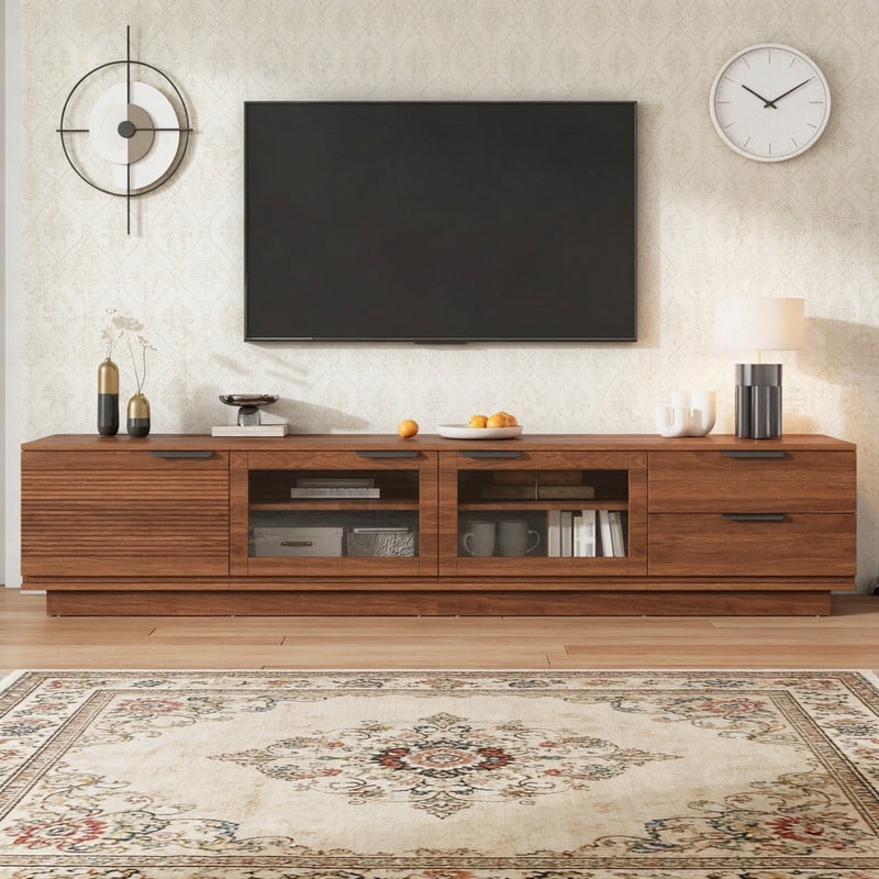 79-inch Modern TV Stand for TVs Up to 85", Entertainment Center Cabinet with Drawers, Cable Hole & Soft-Closing Glass Doors
