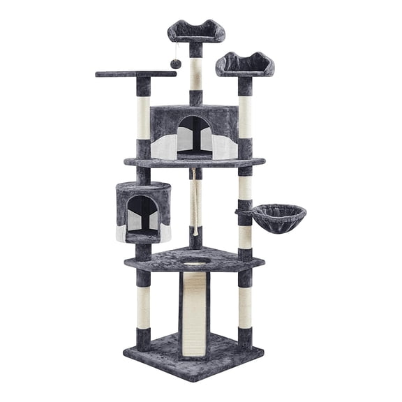 Tall Cat Tree 79in for Indoor Cats, Multi-Level Scratching Post Tower with Plush Perches, Condos, Basket as Activity Center, Dark Gray