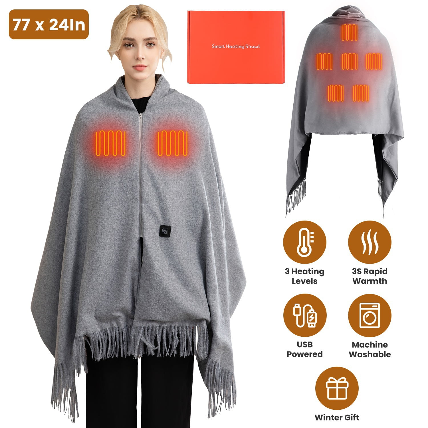 77"x24" Electric Heated Throw Blanket Portable USB Heated Shawl Wearable Heating Blanket with Zipper 3 Heating Levels Machine Washable Grey