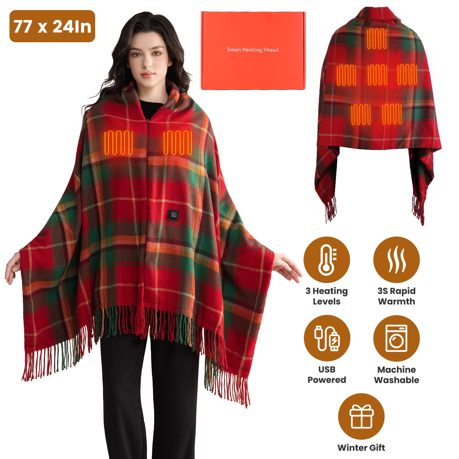 77"x24" Electric Heated Throw Blanket Portable USB Heated Shawl Wearable Heating Blanket with Zipper 3 Heating Levels Machine Washable Red