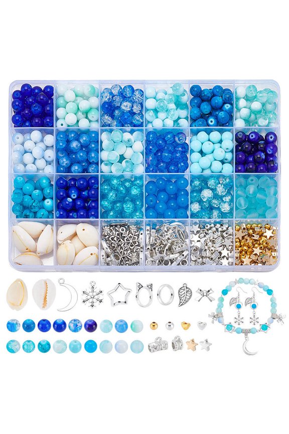 790pcs Blue Series Bracelet Making Kit 8mm Glass Beads Lampwork Beads with Pendants Spacers Shells