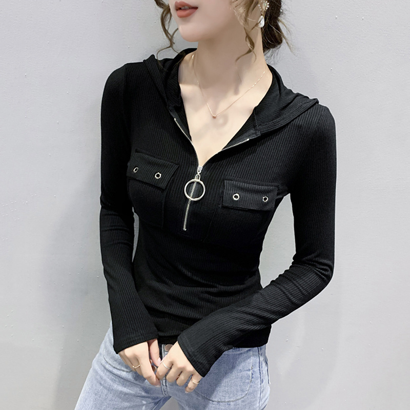 7914 Black Grey Long Sleeve Hooded T Shirt For Women Zipper Sexy