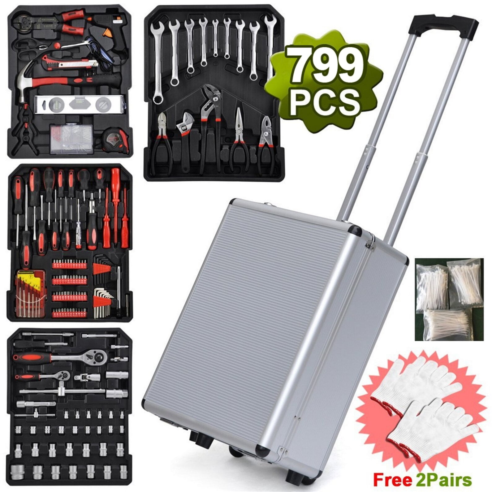 799PCS Tool Box Set with Tools, Portable Tool Box with 4 Drawers, Aluminum Alloy Mechanics Tool Set for Home, Shop, or Work Place,