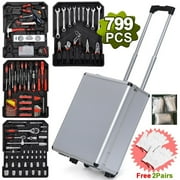 799pcs Aluminum Trolley Case Tool Set, Tool Box With Mechanic Travel Tool Kit Wrenches Socket Trolley Standard Metric Hand Tool Kit With Case Box Organize Castors Trolley, Adjustable Wrench, Pliers