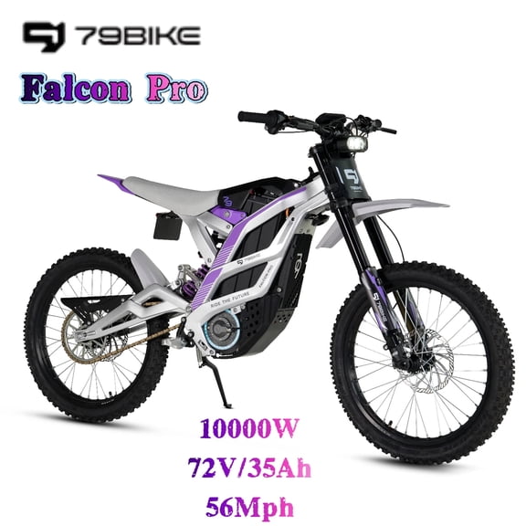 79BIKE Falcon Pro Adult Off-Road Electric Motorcycle - 10000W Peak, 72V 35Ah Battery, 56 MPH, 75 Miles, 19-Inch Tires, Silver-Purple