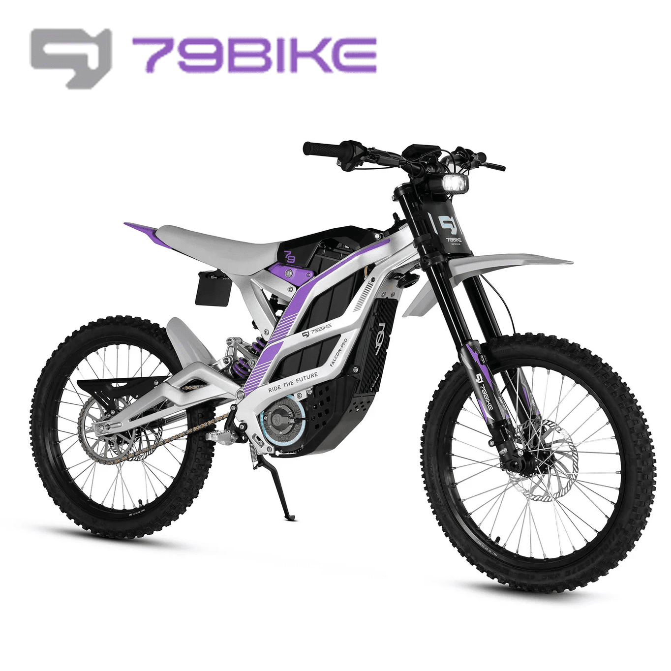 79Bike Falcon Pro Electric Dirt Bike for Adults, 10000W Motor, 72V/35Ah, 56mph, 75 Mile Range, Trail & Off‑Road Ebike, UL2849, Silver&Purple
