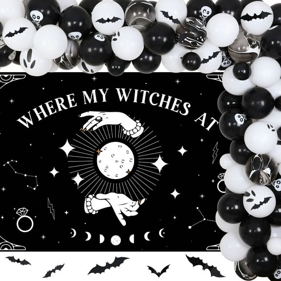 79Pcs Black White Halloween Where My Witches at Bachelorette Party Decorations Witche Backdrop Diamond Ring Balloon Garland Arch Kit 3D Bat Wall Stickers for Halloween Bachelorette Party Decor Favors