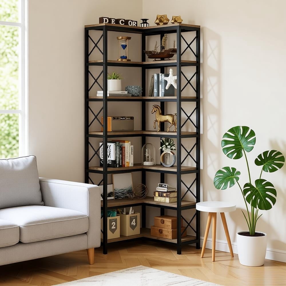 79in Corner Bookshelf 7 Tier Industrial Bookcase with X Bars 14 Open ...