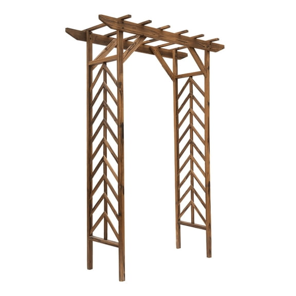 79in Wooden Garden Arbor Arch Trellis with Classic Countryside Style, Pergola Style Roof for Climbing Vines for Ceremony Party Weddings Brown + Wood