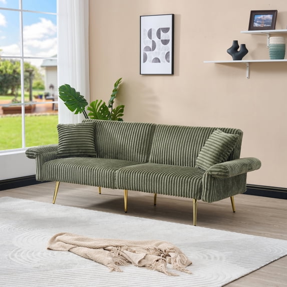 79inch Modern Convertible Sofa Bed,Corduroy Upholstered Futon Couch with Adjustable Armrests for Small Spaces,Living Room,Green