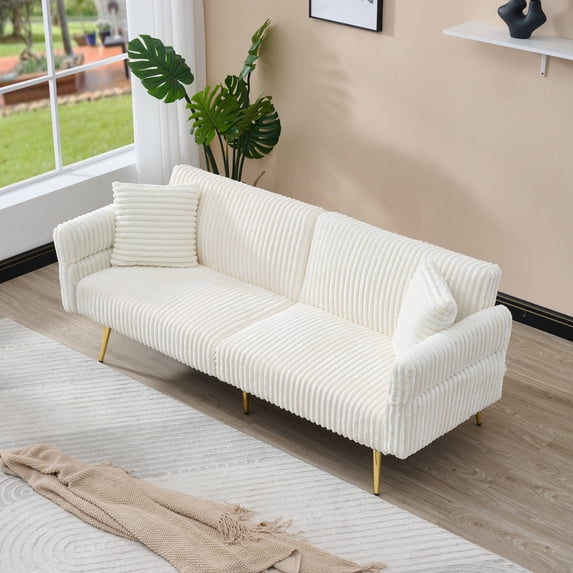 79inch Modern Convertible Sofa Bed,Corduroy Upholstered Futon Couch with Adjustable Armrests for Small Spaces,Living Room,White