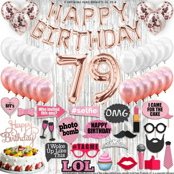 79th Birthday Decoration Rose Gold with Silver Curtain, 79 Party Supplies, 79th Sash, 79 Cake Topper, 79th Photo Props, Confetti Balloons