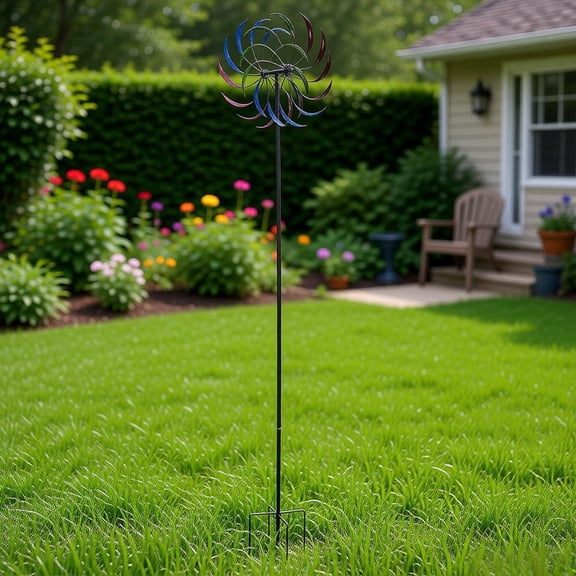 79x16in Rainbow Windmill Iron Double Layer Spinning Lawn Ornament Weather Resistant Metal Garden Sculpture Colorful Rotating Wind Spinner for Yard Patio Balcony Flower Bed Outdoor Decoration Art