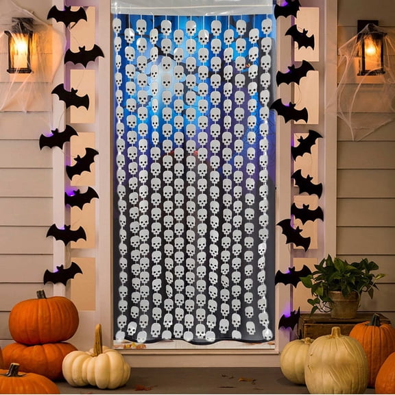79x39 Inches Skulls Rain Curtains, Usupdd Halloween Decorative Curtain for Door Frame Aisle, Plastic Party Supplies Indoor Home Decor for Spooky Atmosphere, White